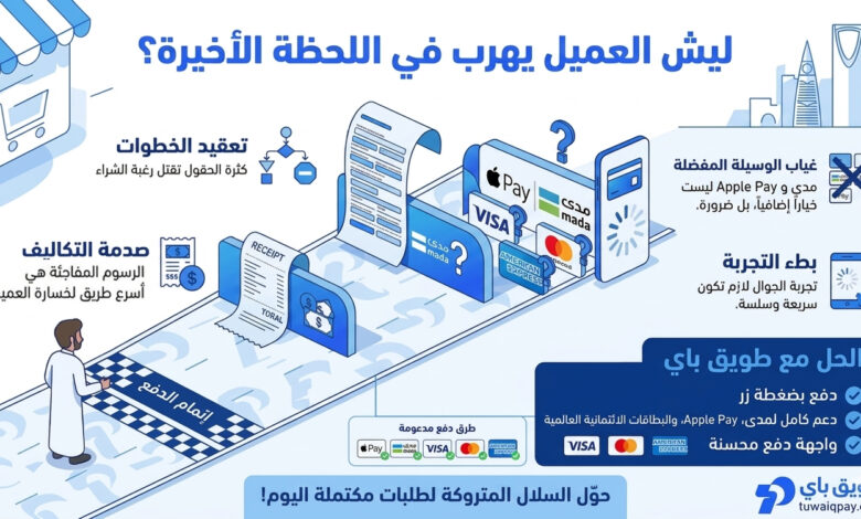 إنفوجرافيك يوضح أسباب ترك سلة الشراء وحلول طويق باي لتحسين تجربة الدفع ودعم مدى وApple Pay والبطاقات الائتمانية